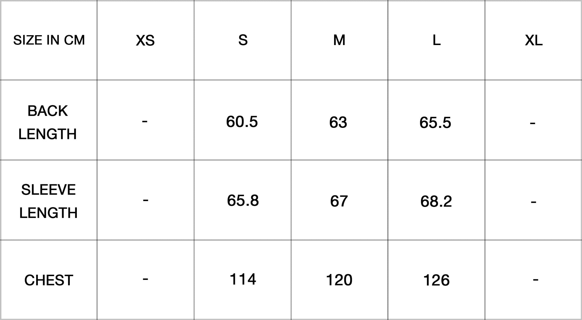 WORKWEAR JACKET size guide