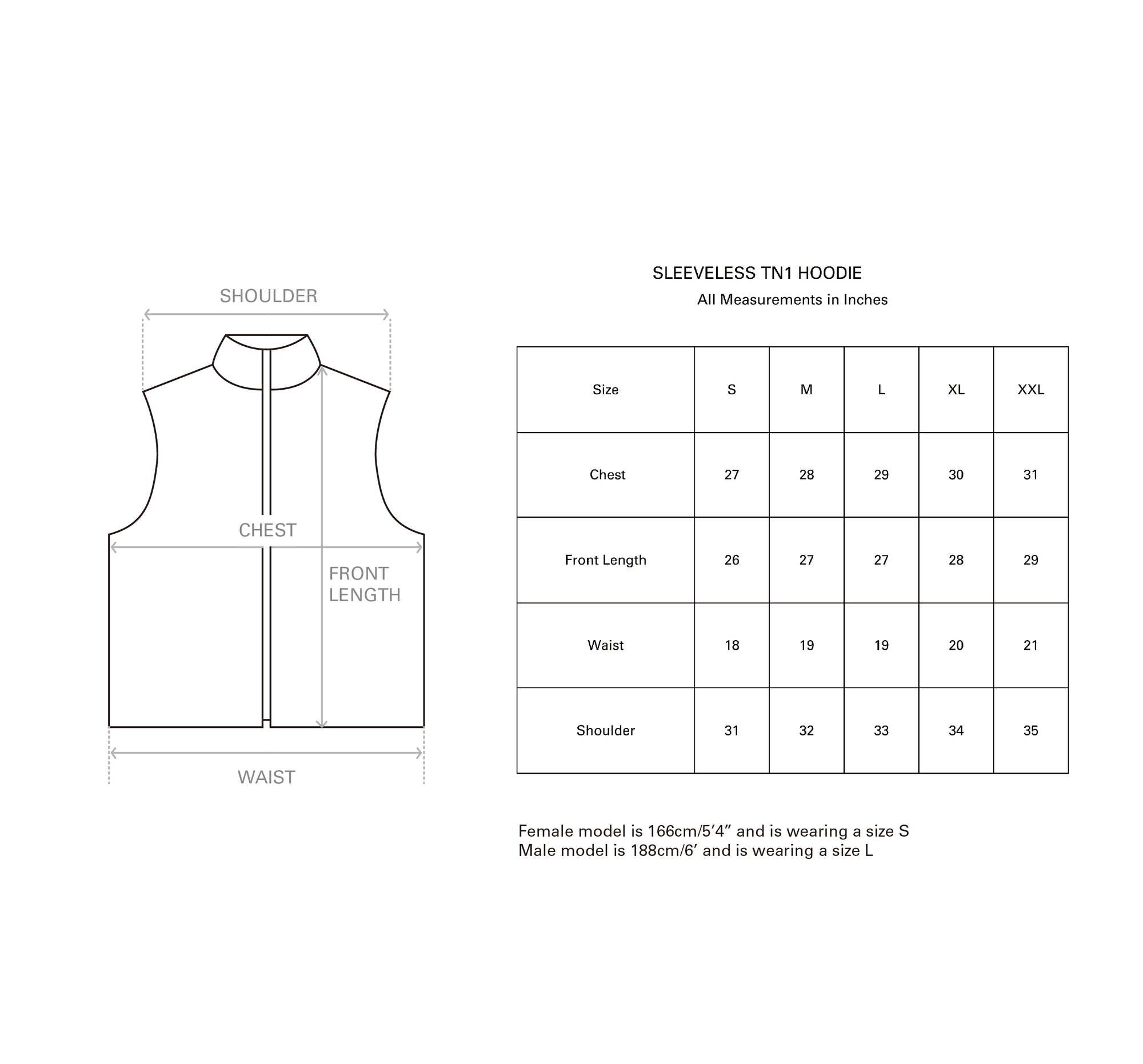 SLEEVELESS HOODIE (BLACK) size guide