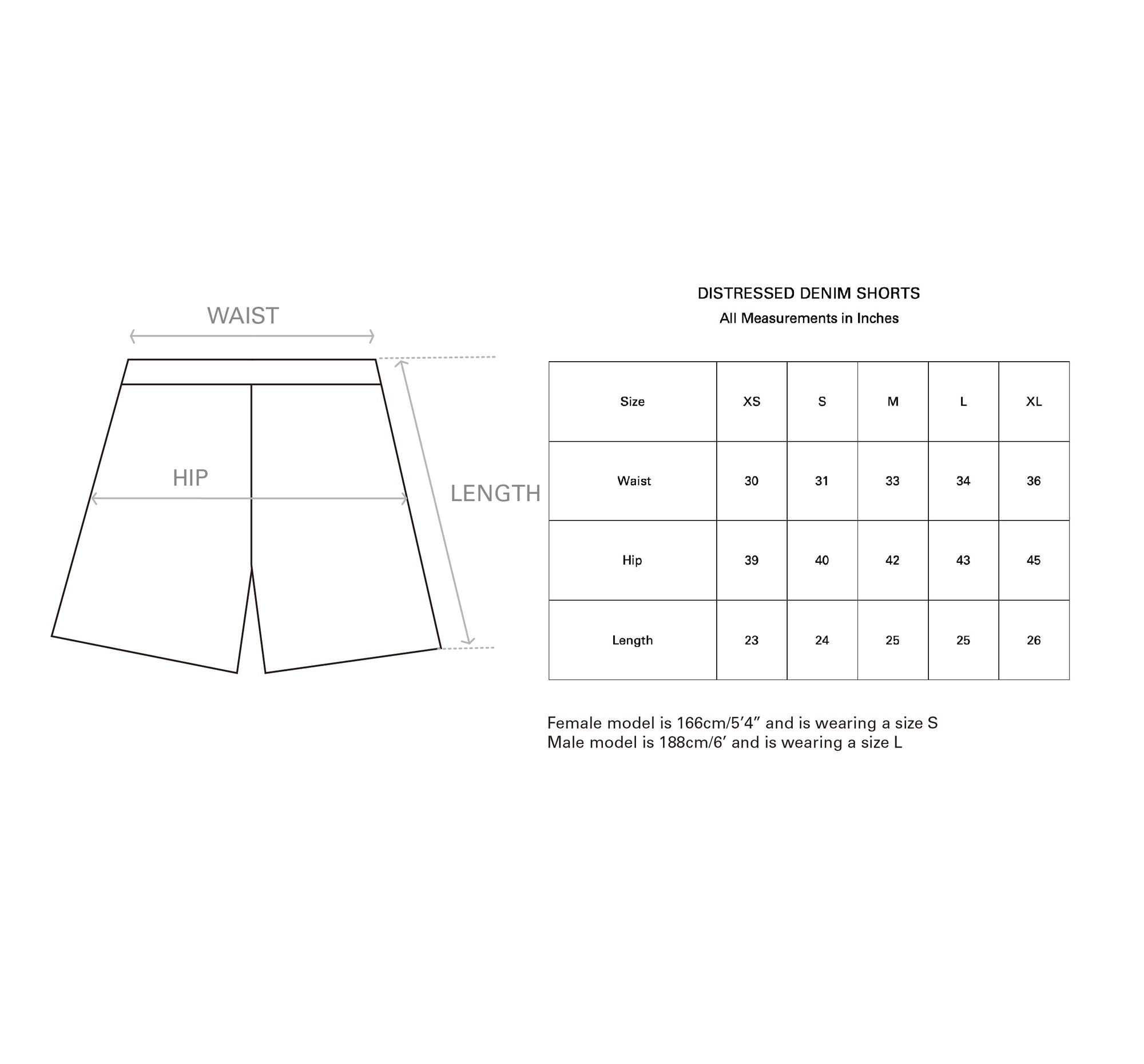 DISTRESSED DENIM SHORTS (BLUE) size guide