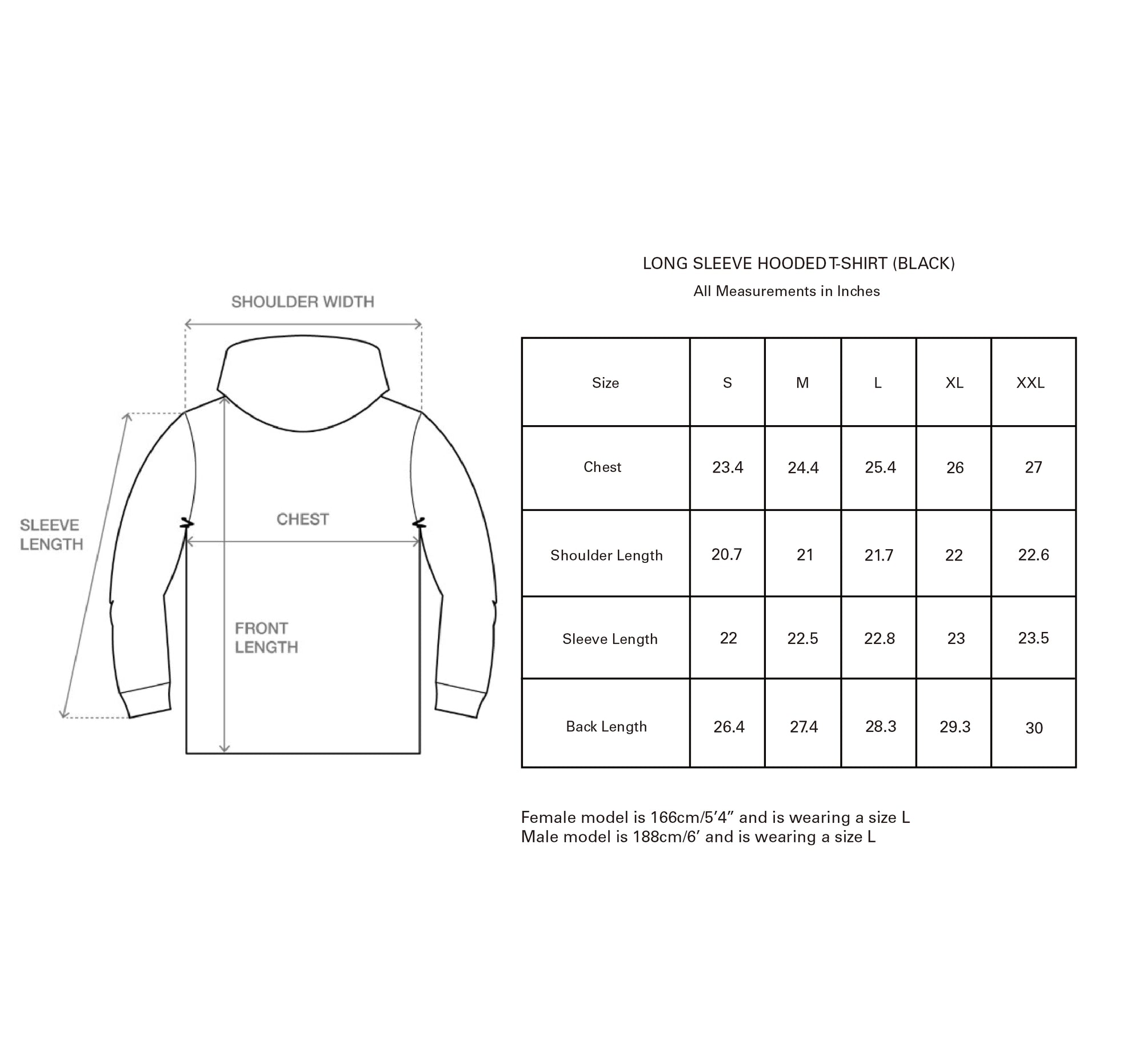 LONG SLEEVE HOODED T-SHIRT (BLACK) size guide