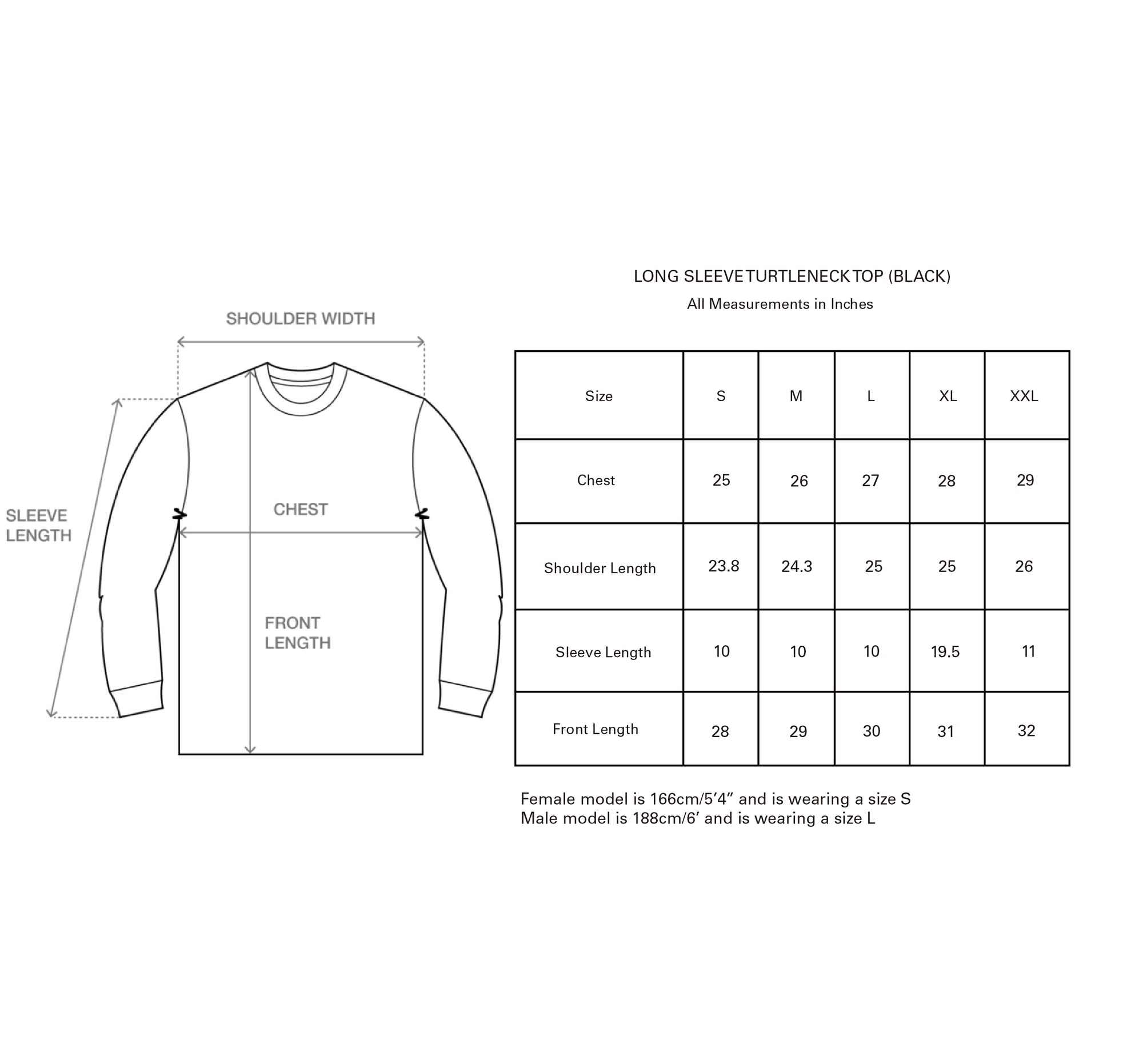 LONG SLEEVE TURTLENECK TOP (BLACK) size guide