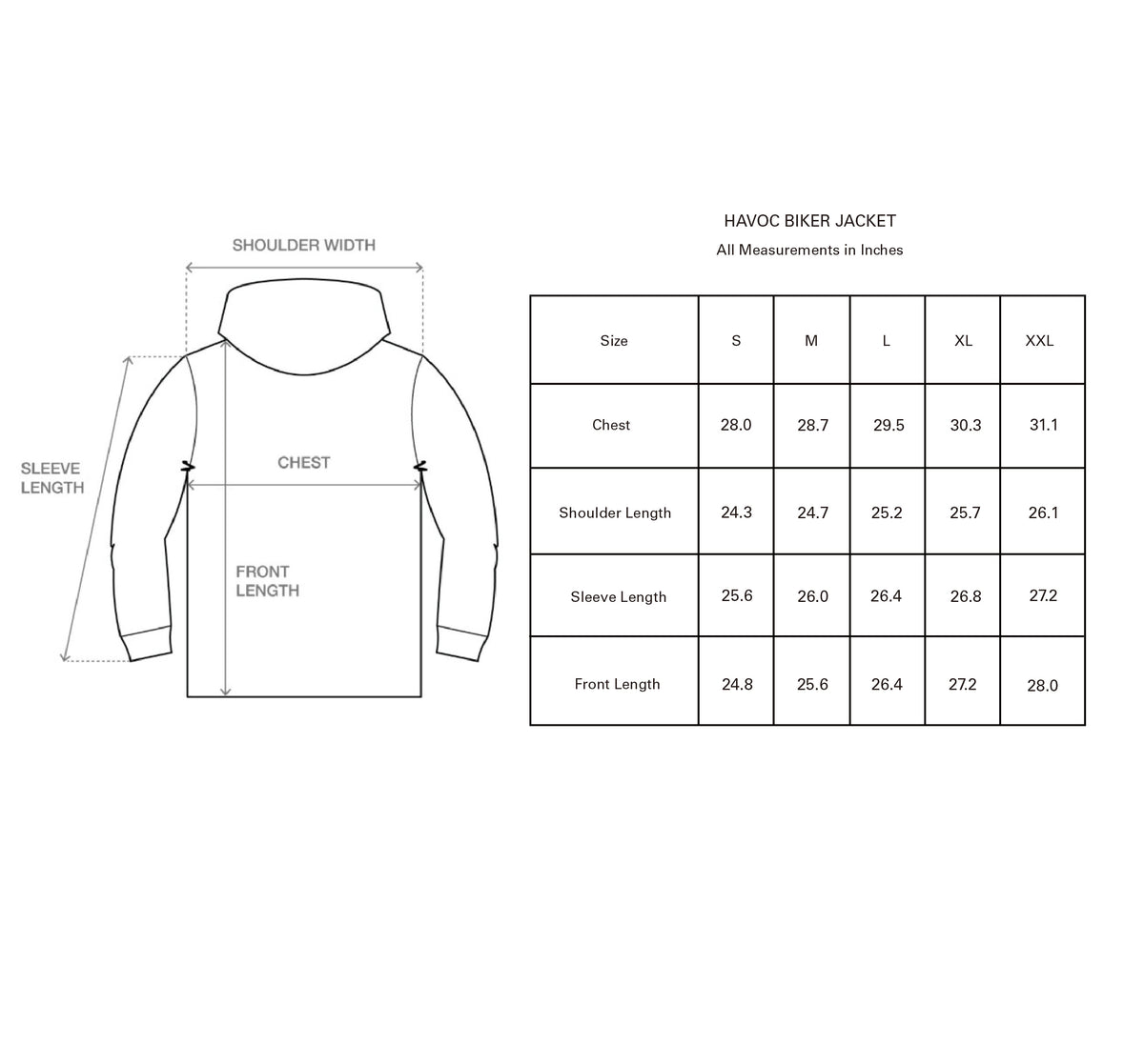 HAVOC BIKER JACKET size guide