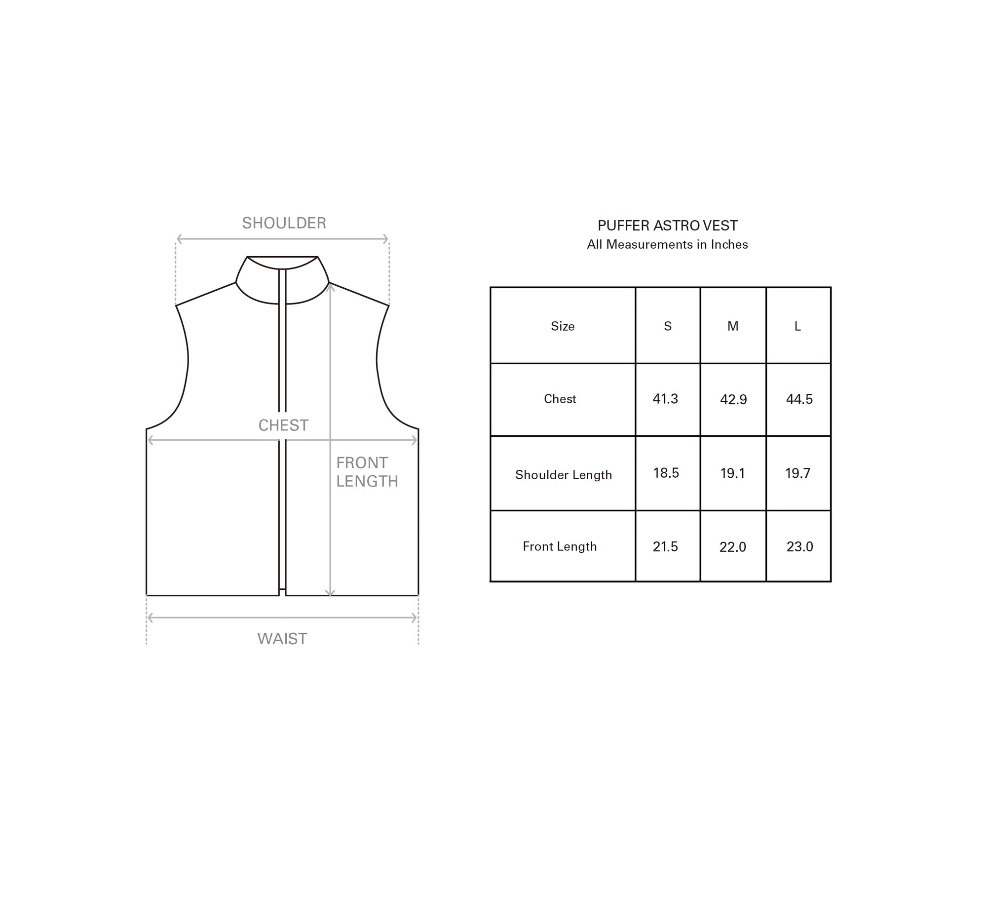 PUFFER ASTRO VEST size guide
