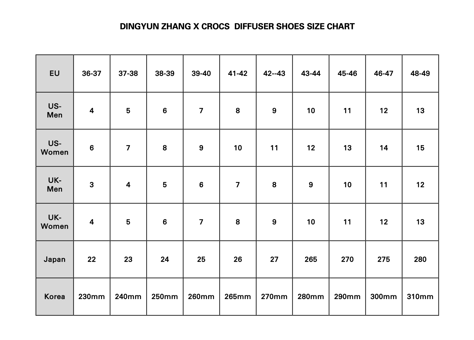 DINGYUN ZHANG X CROCS DIFFUSER size guide
