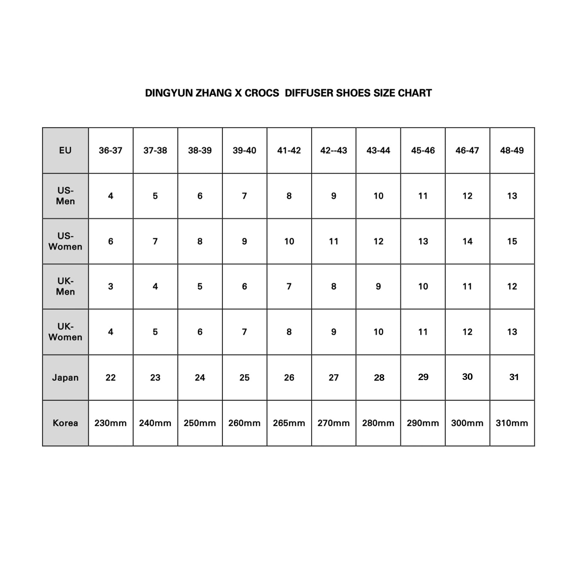 DINGYUN ZHANG X CROCS  (Desert Grass) size guide